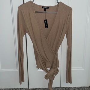 Express Ribbed Faux Wrap Tie Waist Long Sleeve Top size small